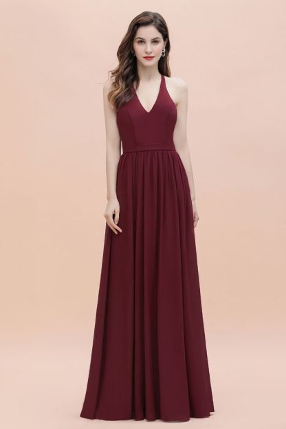 Burgundy Sleeveless V-neck Beaded Back Chiffon Bridesmaid Dress