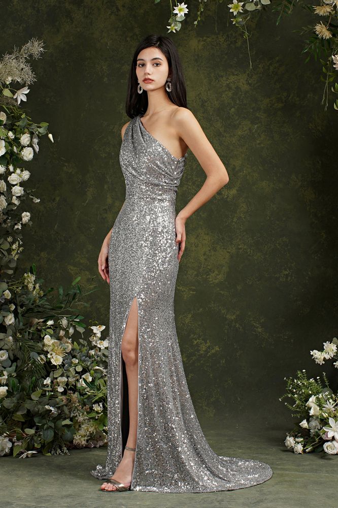 Silver One Shoulder Sleeveless Meramid Long Prom Dress