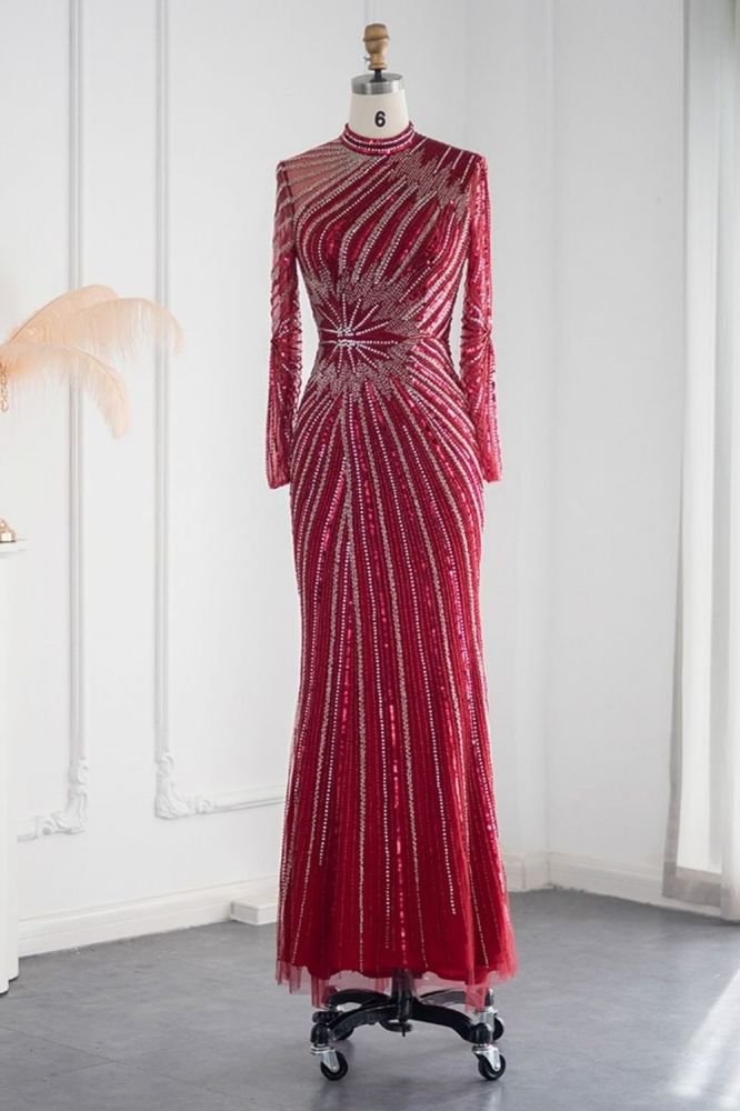 Elegant High Neck Long Sleeves Beading Mermaid Evening Gowns with Crystals Sash