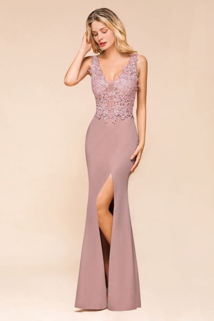 Dusty Pink V-neck Satin Lace Evening Dresses