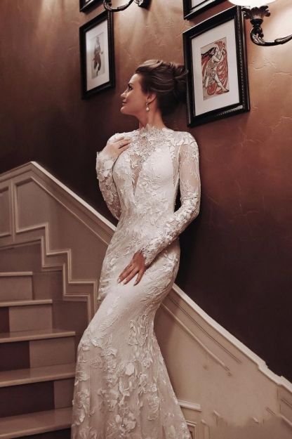 Elegant Long Sleeves White Lace Mermaid Wedding Dress