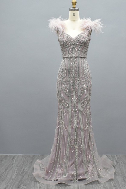 Champange Beaded Feathers neckline Sheath Prom Dress