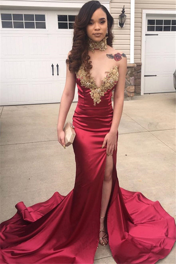 Sexy Mermaid Appliques V-Neck Sleeveless Front Slipt Prom Dress BC0876