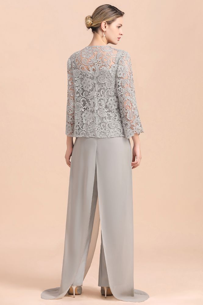 Silver Chiffon Motherr of the Bride Dress Lace Appliques JumpSuit with Long Sleeves