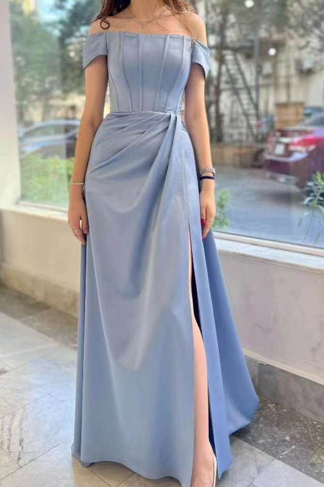 Dusty Blue Off the shoulder High Split Long Prom Dresses