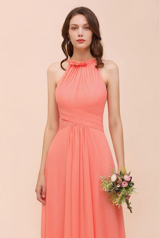 Sexy Coral Wrinkles Chiffon Long bridesmaid Dress Sleeveless Aline Wedding Guest Dress