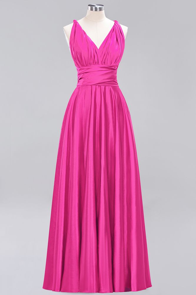 Simple A-Line V-Neck Sleeveless Floor Length Convertible Bridesmaid Dress with Ruffles