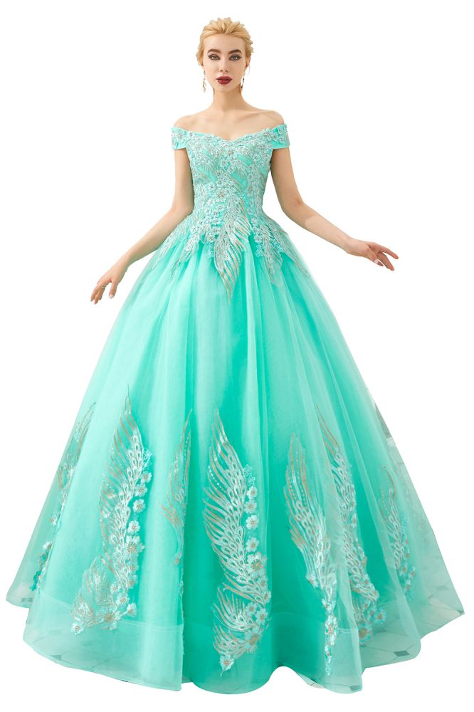 Henry | Elegant Off-the-shoulder Princess Red/Mint Prom Dress with Wing Emboirdery