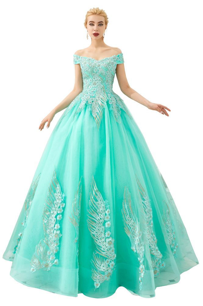 Henry | Elegant Off-the-shoulder Princess Red/Mint Prom Dress with Wing Emboirdery