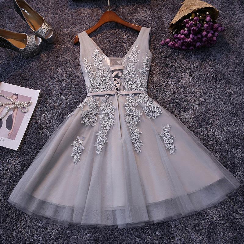 Silver Grey Lace Homecoming Dress | Sleeveless Tulle Short Hoco Dress