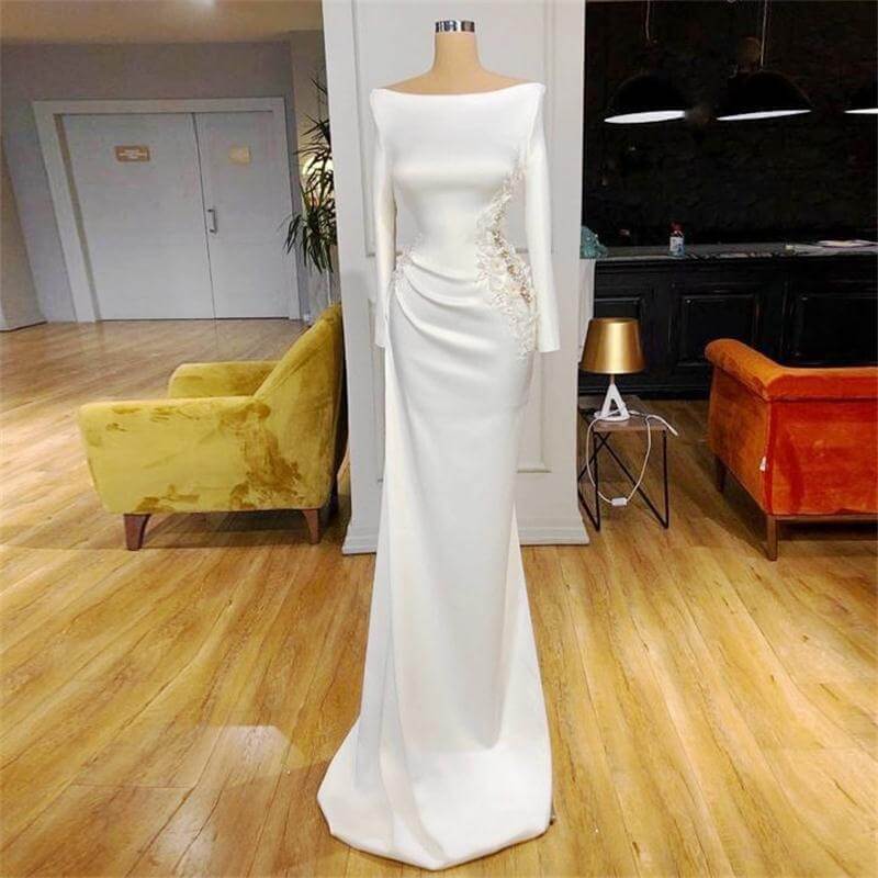 Ivory Boat neck Long sleeves Satin Wedding Dresses