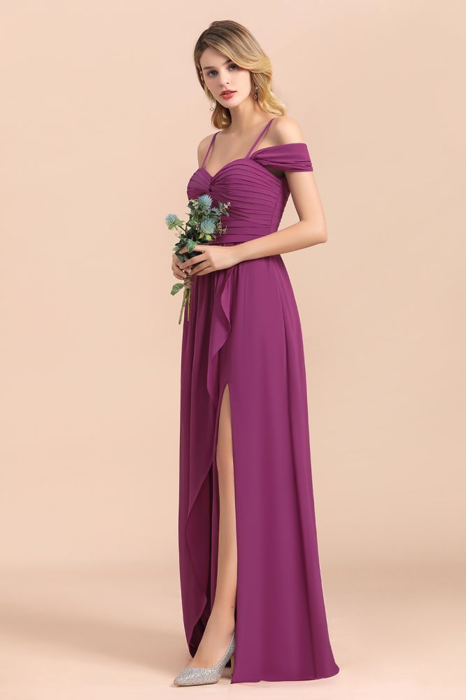 Charming Off Shoulder Chiffon Aline Bridesmaid Dress Wedding Guest Dress with Side Slit