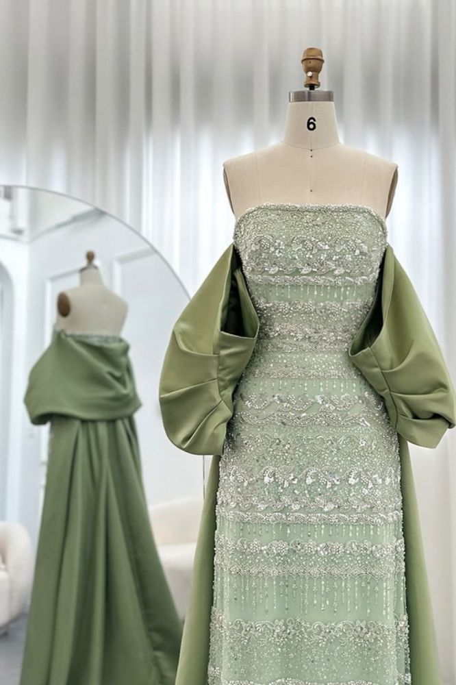 Gorgeous Strapless Glitter Beading Satin Mermaid Evening Gown with Ruffle Chapel Train