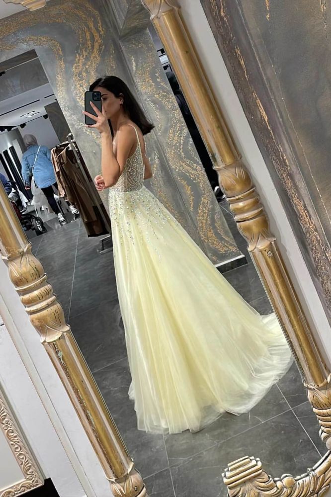 Sweetheart A-line Tulle Yellow Ball Gown Prom Dresses