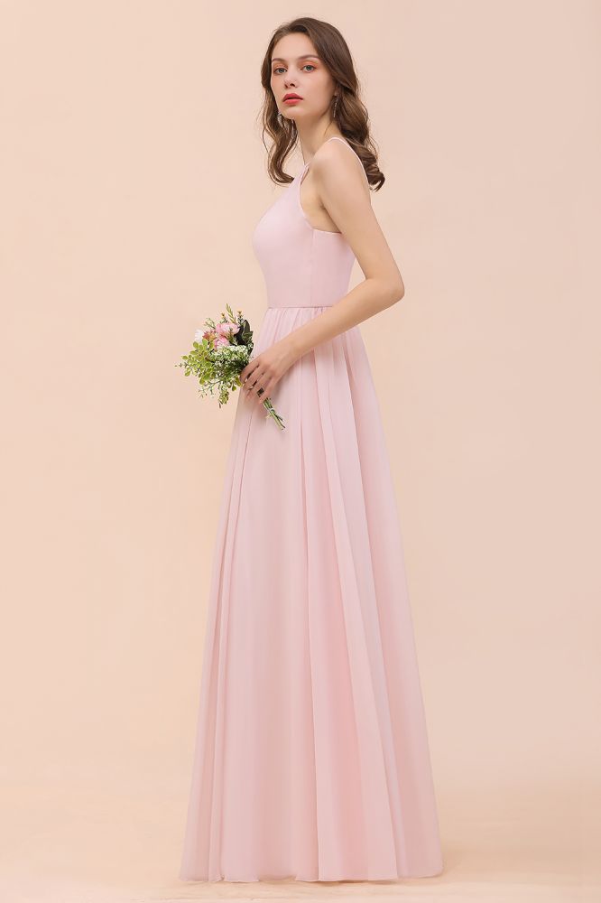 Dreamful Pink Halter Chiffon Evening MAxi Dress Sleeveless Bridesmaid Dress
