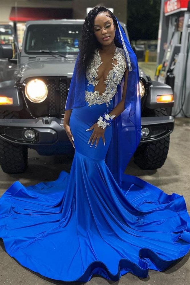 Royal Blue Silver Appliques Mermaid Prom Dresses