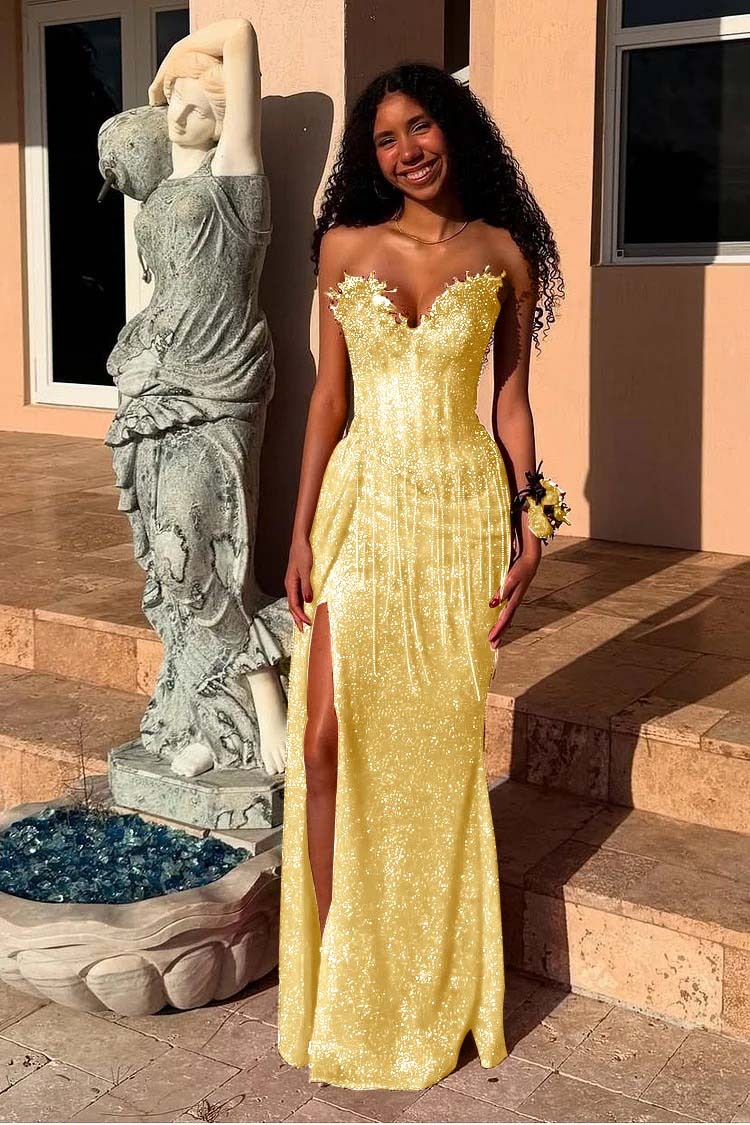 Red Strapless Sleeveless Long Mermaid Prom Dress With Sequins Split