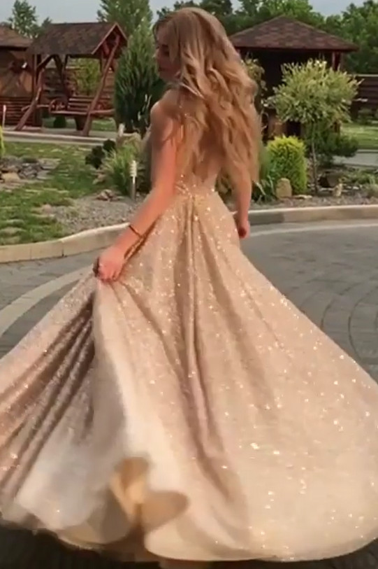 Open Back Champagne Gold Sequins Prom Dresses 2021 | Sleeveless Sexy Evening Gowns BC0562
