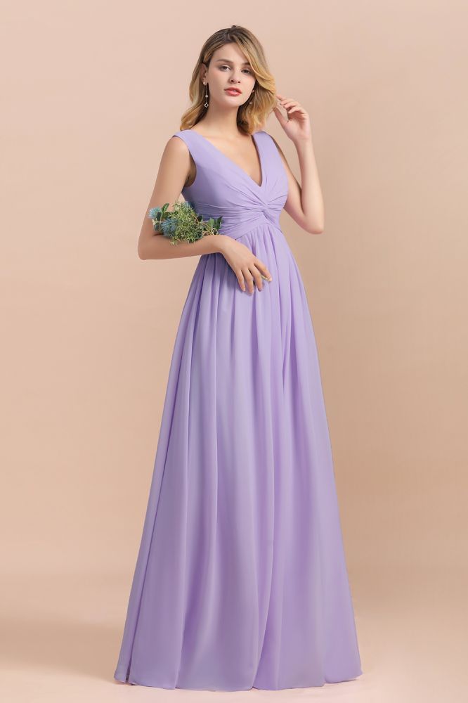 Lilac V-Neck Aline Evening Dress Sleeveless Chiffon Bridesmaid Dress