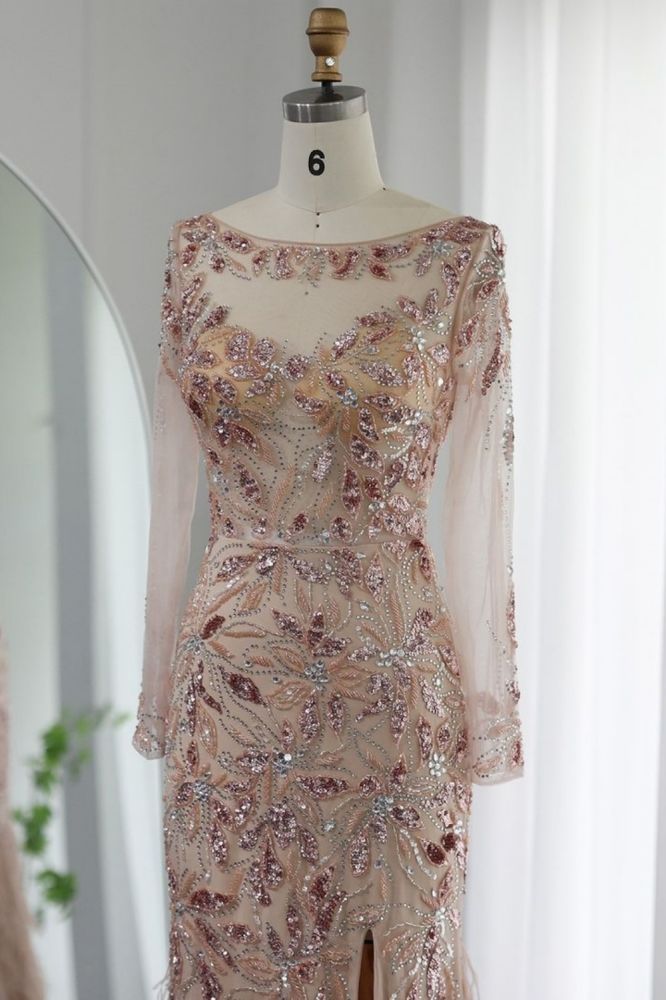 Elegant Scoop Neck Long Sleeves Front Slit Evening Dress Glitter Sequins Flower Fur Floor-Length Wedding Party Dress-Babyonlinewholesale