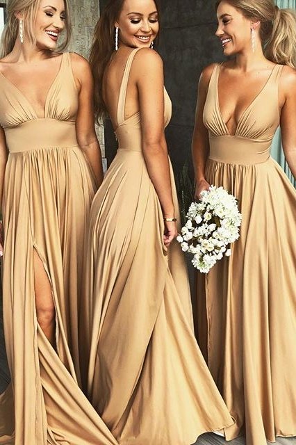 Elegant V-Neck Sleeveless Bridesmaid Dress | 2021 Bridesmaid Dress With Slit