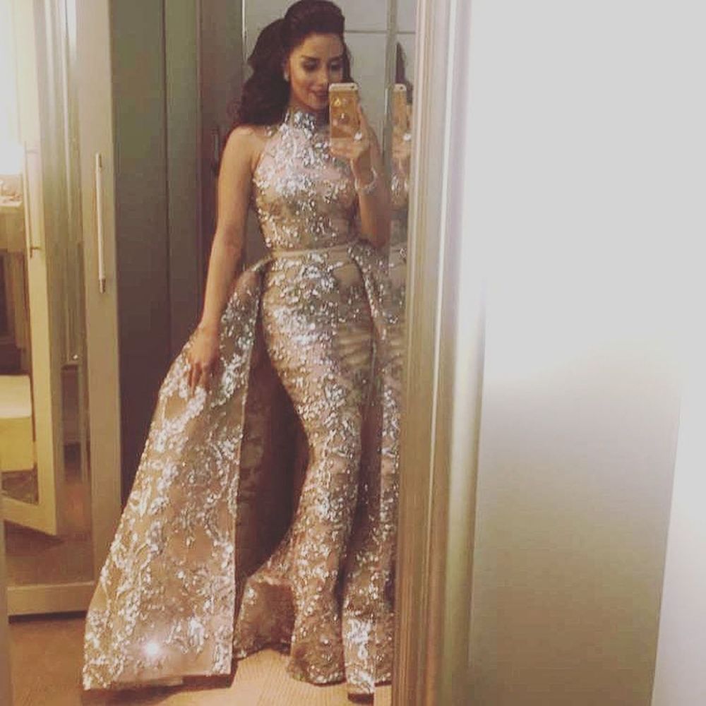 Silver Beading Lace Appliques Sexy Sleeveless Prom Dresses | Overskirt Champagne Evening Gown