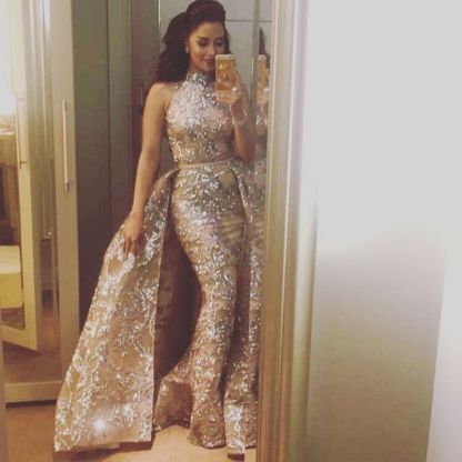 Silver Beading Lace Appliques Sexy Sleeveless Prom Dresses | Overskirt Champagne Evening Gown