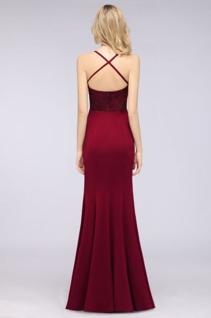 Spandex Lace Mermaid Spaghetti-Straps Sleeveless Long Bridesmaid Dress with Ruffle