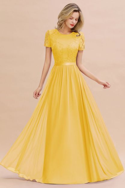 Retro Chiffon Lace Scoop Short-Sleeves Online Bridesmaid Dress