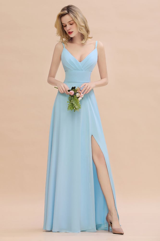 Simple Spaghetti Straps Chiffon Bridesmaid Dress Formal Dress with Side Slit