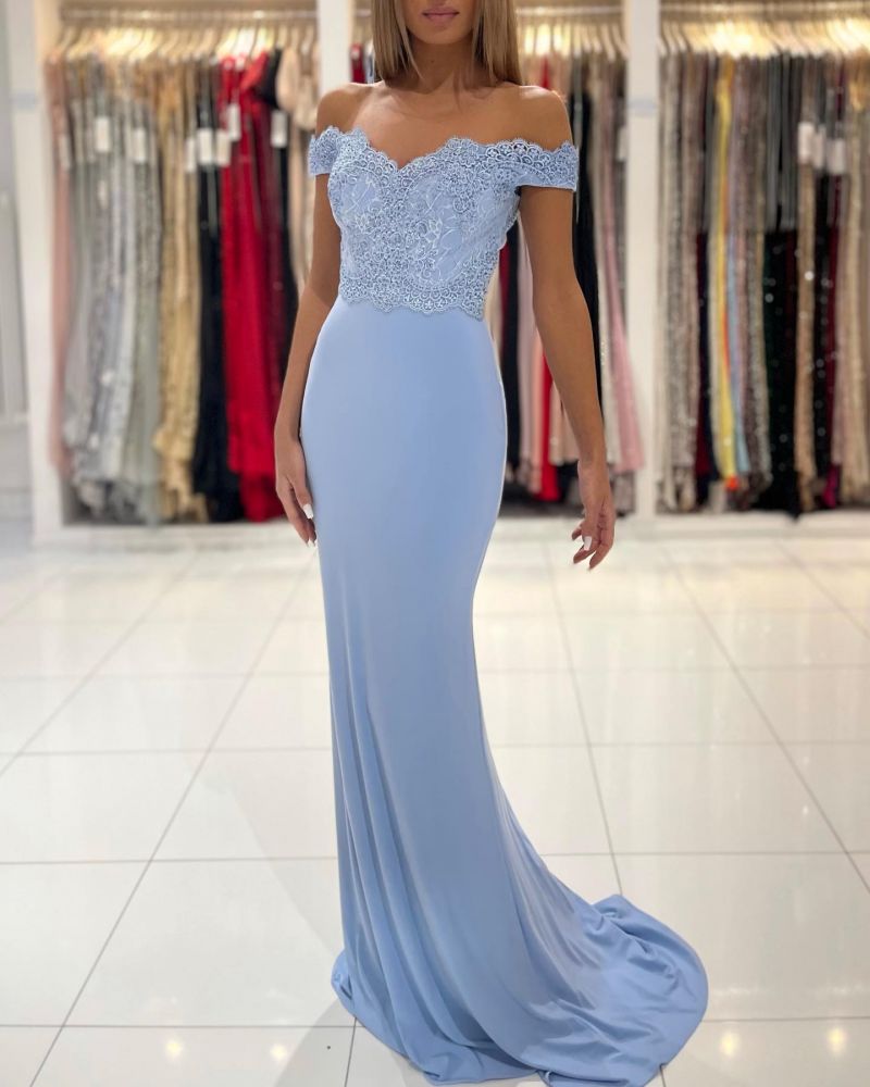 Simple Blue Off Shoulder Meramid Long Prom Dress With Lace