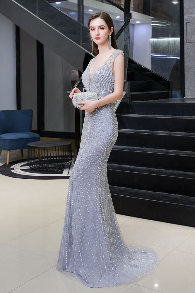 Sexy Mermaid V-neck Silver Mermaid Prom Dress