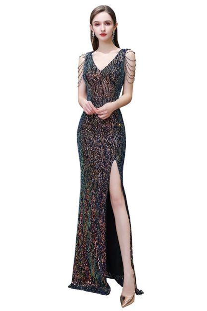 Sparkle V-neck High split Sleeveless Black Evening Dress Online