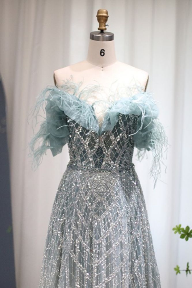 Gorgeous Off-the-Shoulder Feathers Sequins Aline Evening Dress with Beading Party Gowns for Women