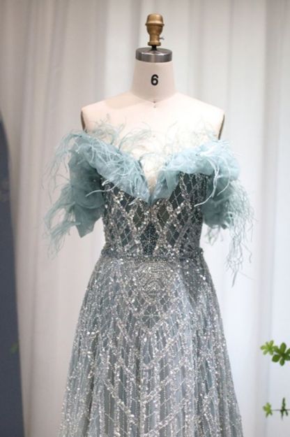 Gorgeous Off-the-Shoulder Feathers Sequins Aline Evening Dress with Beading Party Gowns for Women
