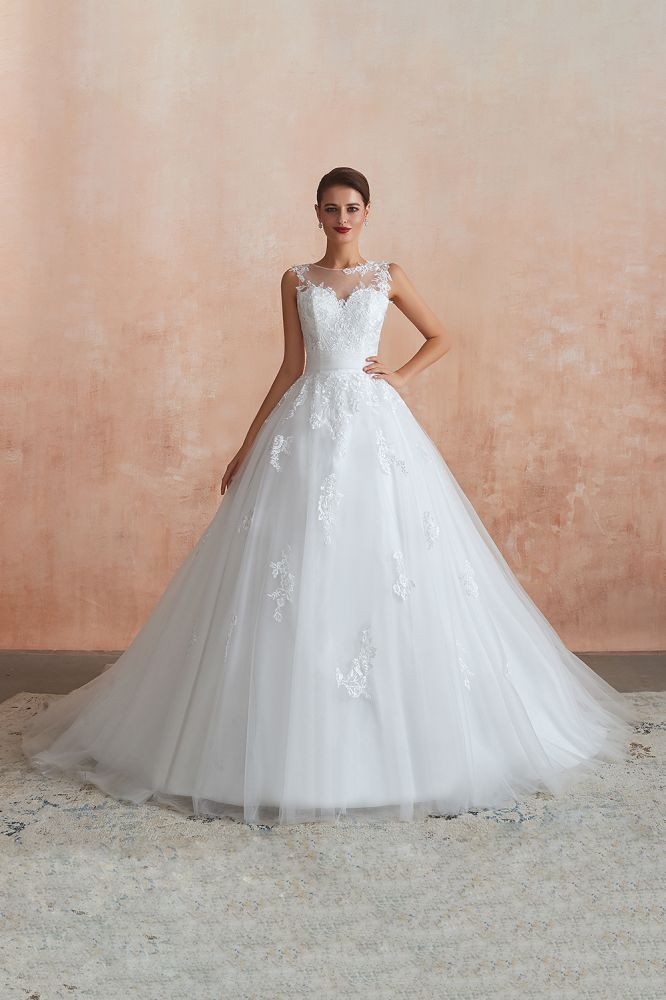 Cain | Illusion Neck White Wedding Dress with exqusite Lace Appliques, Sleeveless V-back Bridal Gowns Online-Babyonlinewholesale