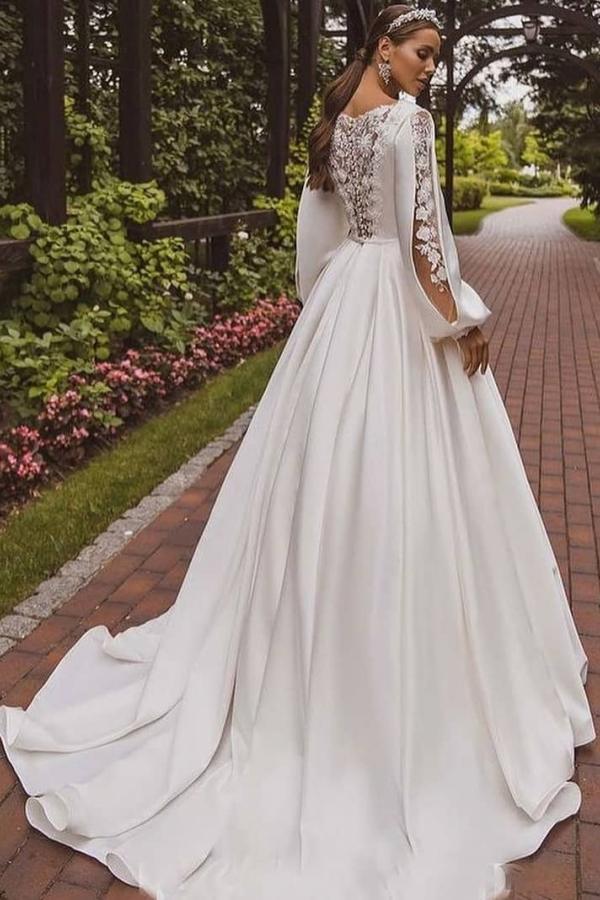 Deluxe Floor-Length Jewel Neck Long Sleeves A-Line Satin Wedding Dresses