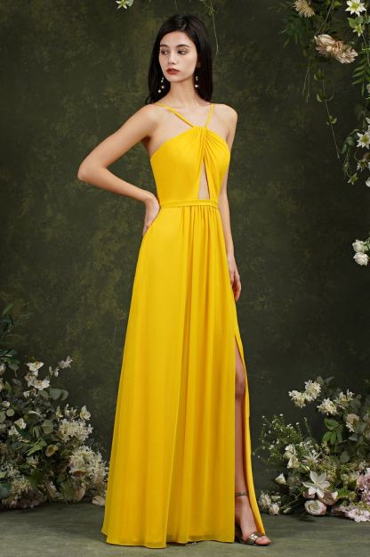 Chiffon Halter Spaghetti Straps A-Line Split Ruffles Bridesmaid Dress With Pockets