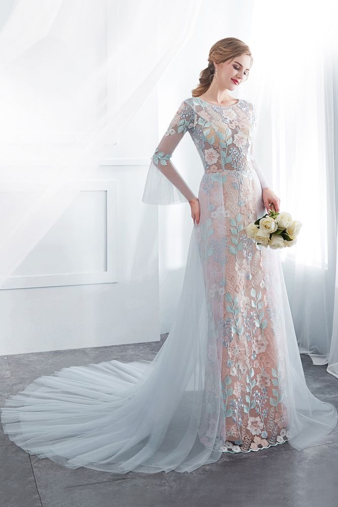 NAOMI | Sheath Long Sleeves Sheer Neckline Appliqued Flowers Evening Dresses