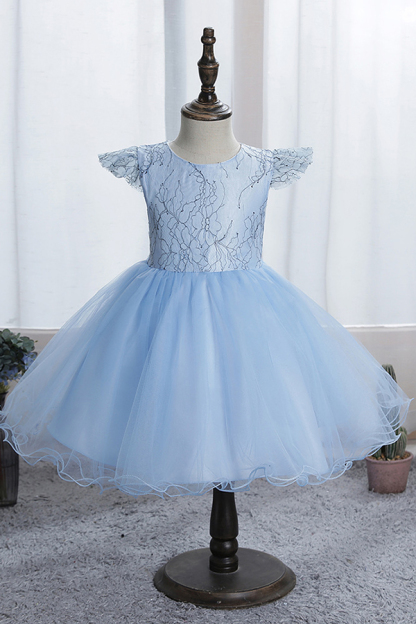 Cap sleeves sky blue a-line princess flower girl dress