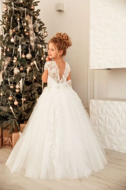 Lovely Cap Sleeves White Princess Flower Girl Dress for Wedding Christmas Party