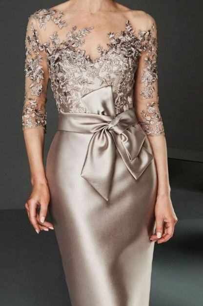 Charming Bateau 3/4 Long Sleeves Mermaid Satin Lace Prom Dresses
