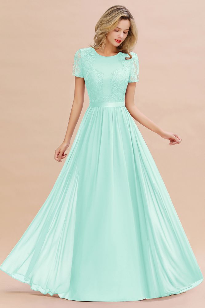 Retro Chiffon Lace Scoop Short-Sleeves Online Bridesmaid Dress