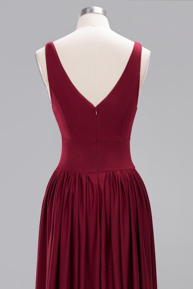 A-Line Jersey V-Neck Sleeveless Long Bridesmaid with Ruffles