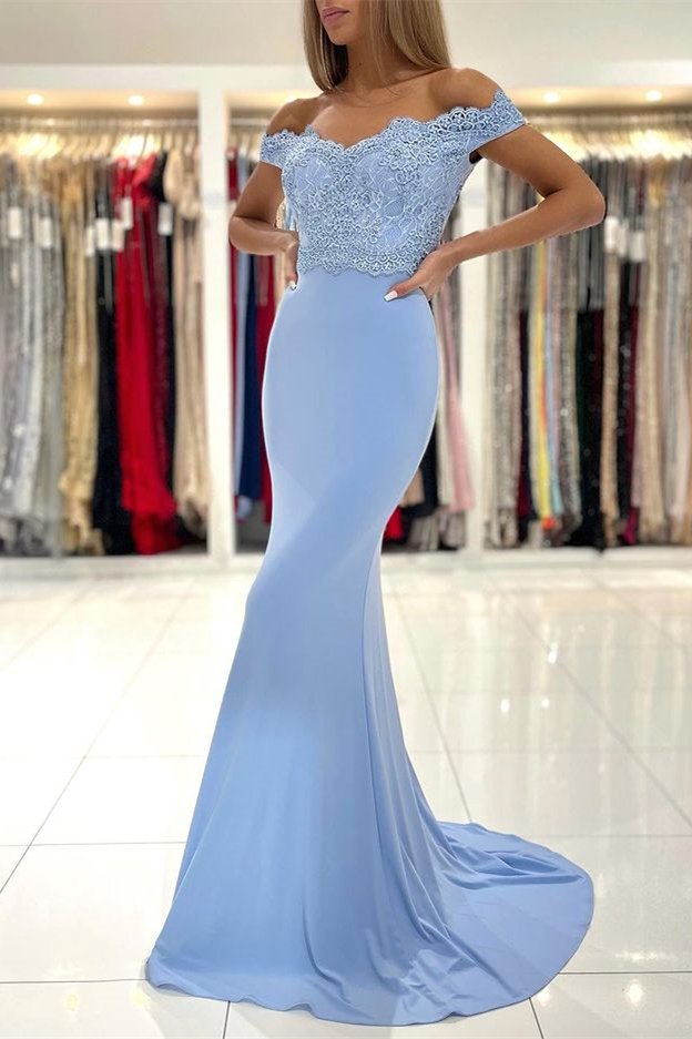 Off the shoulder Blue Mermaid satin Lace Prom Dresses