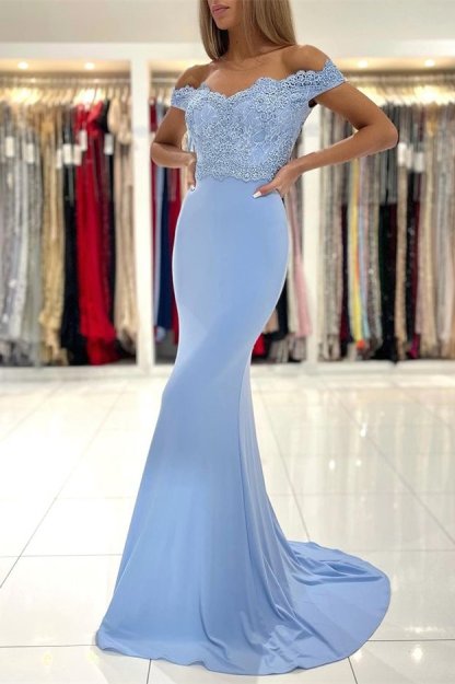 Off the shoulder Blue Mermaid satin Lace Prom Dresses