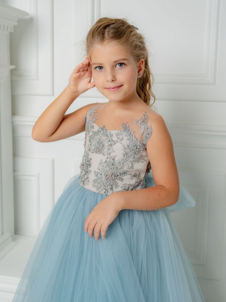 Sweet Sleeveless Little Girl Dress Sky Blue Tulle Floral Lace Appliques with Bow tie