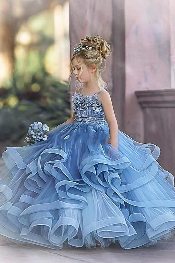 Cute Strapless Dusty Blue Ruffles Puffy Princess Flower Girl Dresses