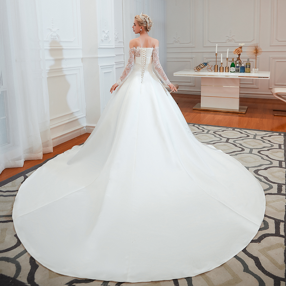 Romantic Lace Long Sleeves Princess Satin Wedding Dress | Princess Bridal Gowns with Cathedral Train