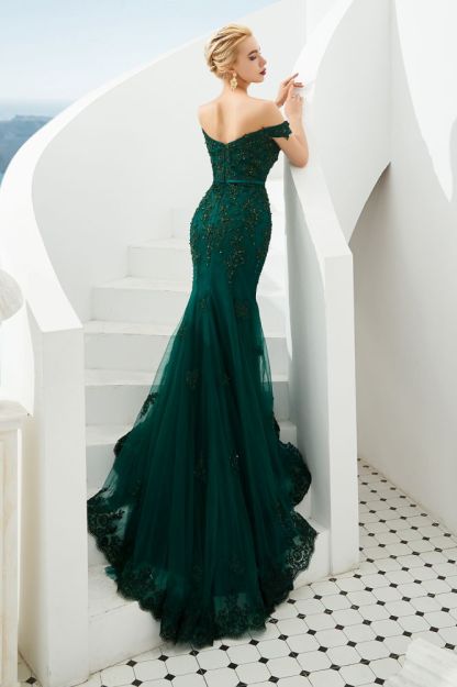 Harvey | Emerald green Mermaid Tulle Prom dress with Beaded Lace Appliques